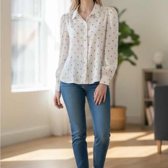 Ann Taylor Ivory Blouse with Deep Orange Bee Print Pattern - Picture 2 of 7